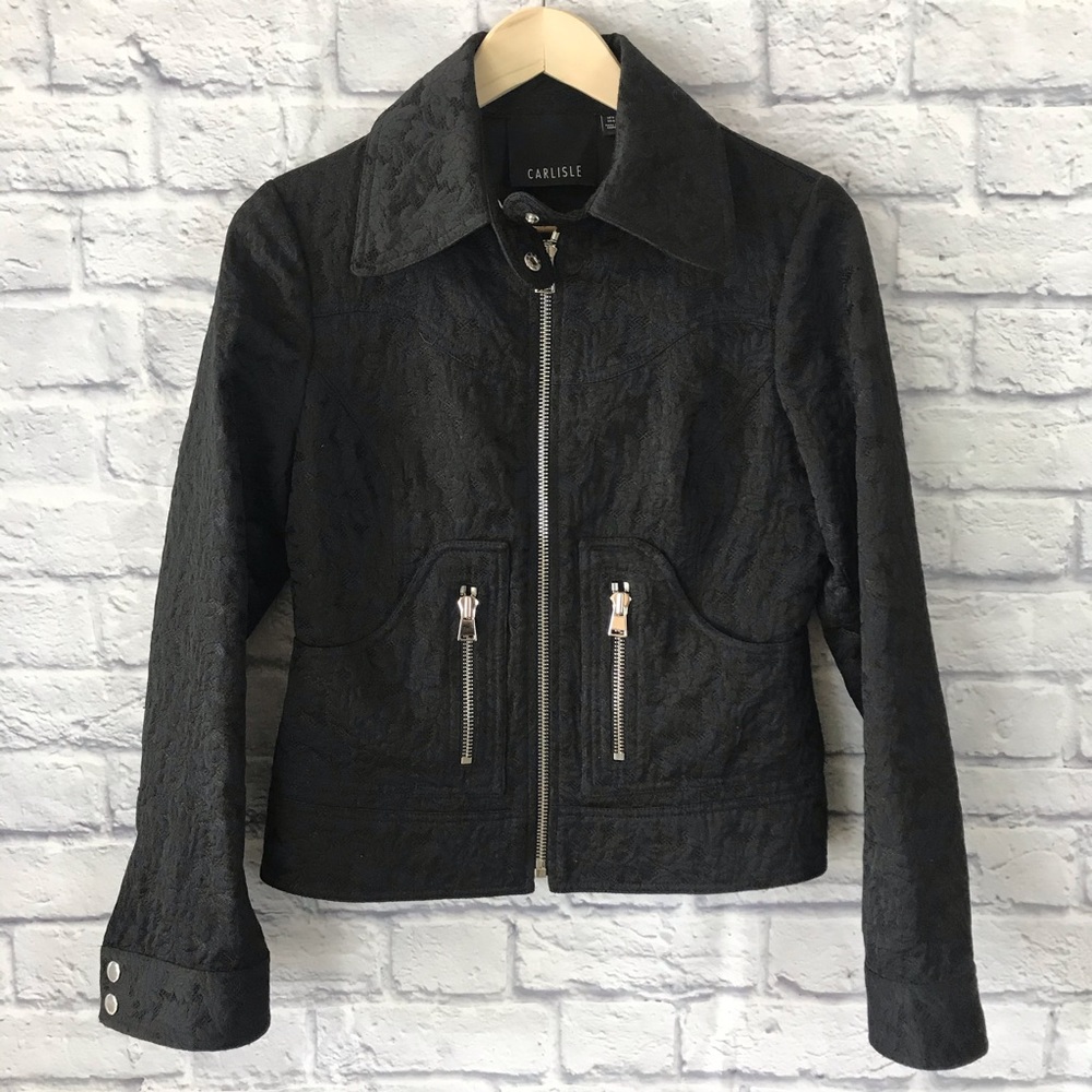 Carlisle Black Jaquard Full Zip Up Jacket Womens Size 6 Lined Snap Cuffs NWOT